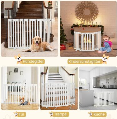 Захисний бар'єр для собак Costway 89 см, дерев'яне огорожа, дитяче ворота, розкладне, для захисту сходів, гнучкий бар'єр (3 панелі, білий)
