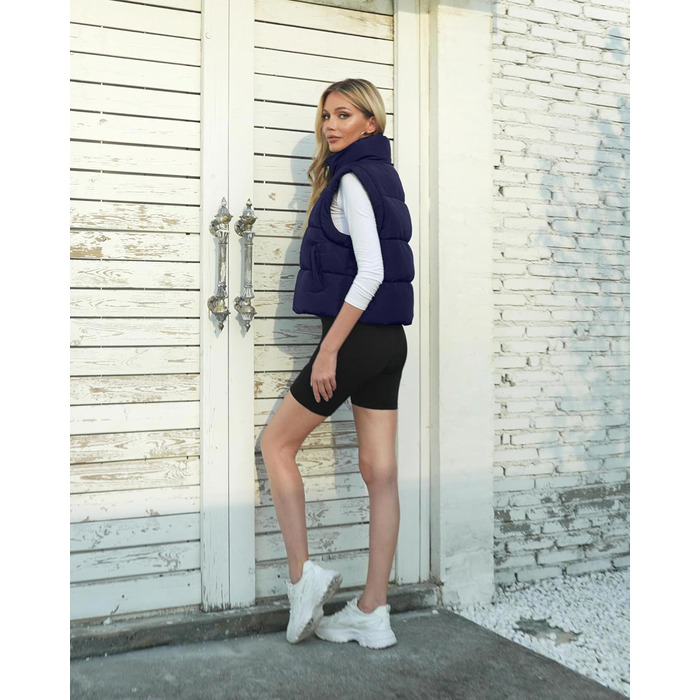 Жіноча укорочена пуховая жилетка Polu, безрукавка, комір-стійка, з утеплювачем, зимова, легка, об'ємна (XL, темно-синій)