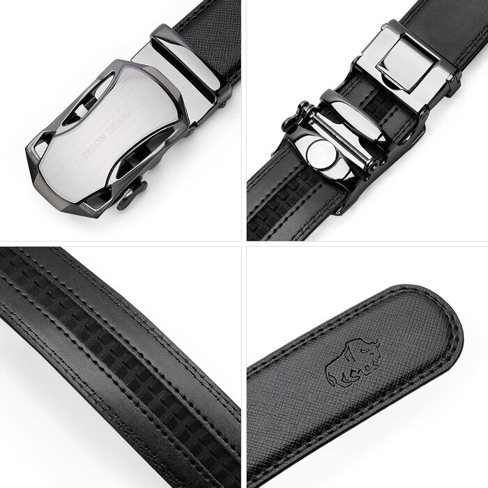 Чоловічий шкіряний ремінь BISON DENIM з автоматичною пряжкою - для ділового стилю, ширина 35 мм, чорний, розмір 120