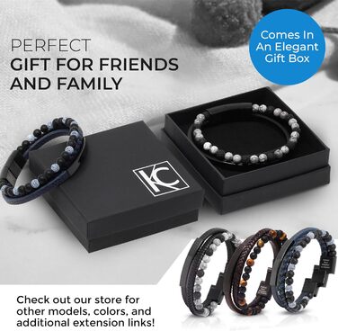 Браслет чоловічий шкіряний з тигровим оком та лавовим каменем, ручної роботи, з гравіюванням, регульований магнітний замок (синій)