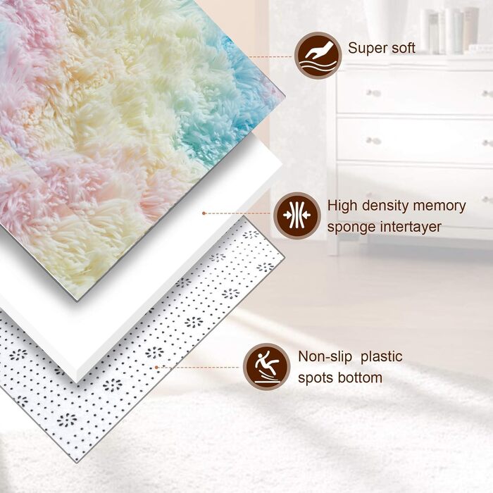 Пухнастий килим Hochflor, для вітальні, м'який, з антиковзаючою основою, можна прати, 120x160 см, колір: Райдуга