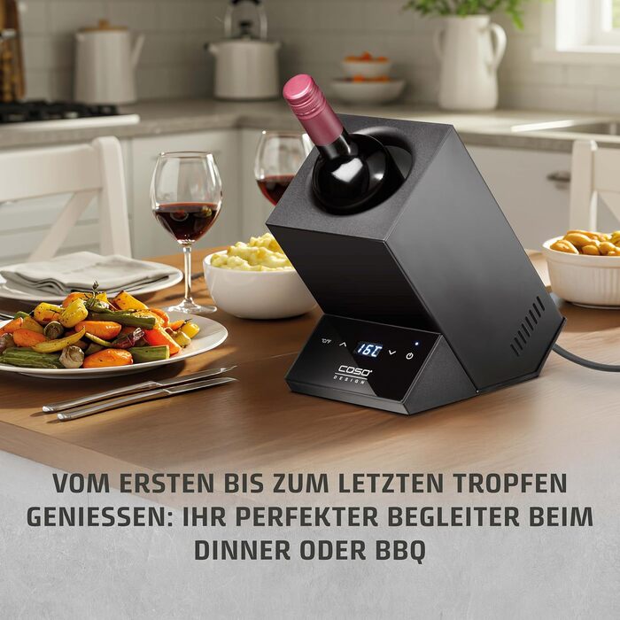 CASO WineCase One Black - Single Bottle Wine Cooler with Temperature Control (5-18°C), Stainless Steel Finish