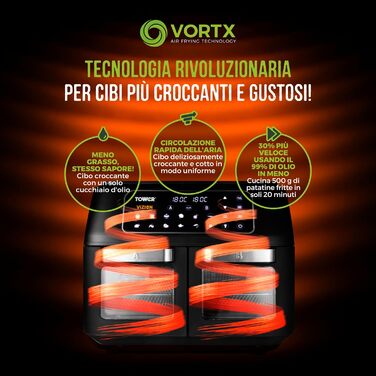 Фритюрниця Tower T17102 Vortx Vizion з двома камерами, 11 л, чорна, цифрове управління, аерофритюрниця-духовка