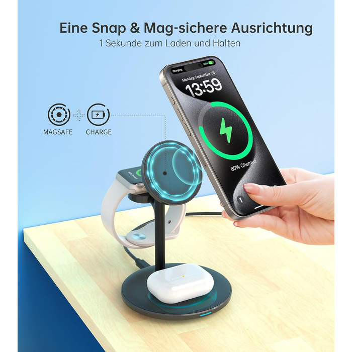 3-в-1 індукційна зарядка для декількох пристроїв, 15W MagSafe зарядка для iPhone 15/14, MagSafe зарядний пристрій для iWatch Ultra 2/1/Series 9/8, AirPods, білий/чорний