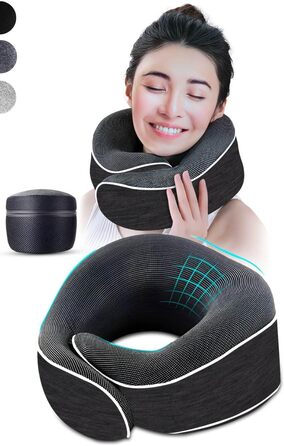 Подушка для шиї AIRTH® 360° з піною з пам'яті та зручним кріпленням - ергономічна підтримка шиї з знімним чохлом для максимального комфорту та відпочинку (Чорна)