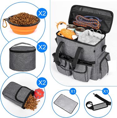 Чемодан для собак та котів Modoker: органайзер для подорожей з підстилкою, 2 миски, 2 контейнери для корму, темно-сірий
