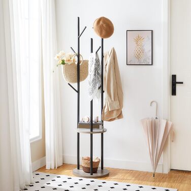 HOOBRO Coat Rack, Freestanding Clothes Rack, Tree-Shaped Wardrobe with 8 Hooks, 2 Round Shelves, for Clothes, Hat, Bag, Living Room, Bedroom, OfficeDark Brown-Black EBF33YM01G1 (Greige + Black)