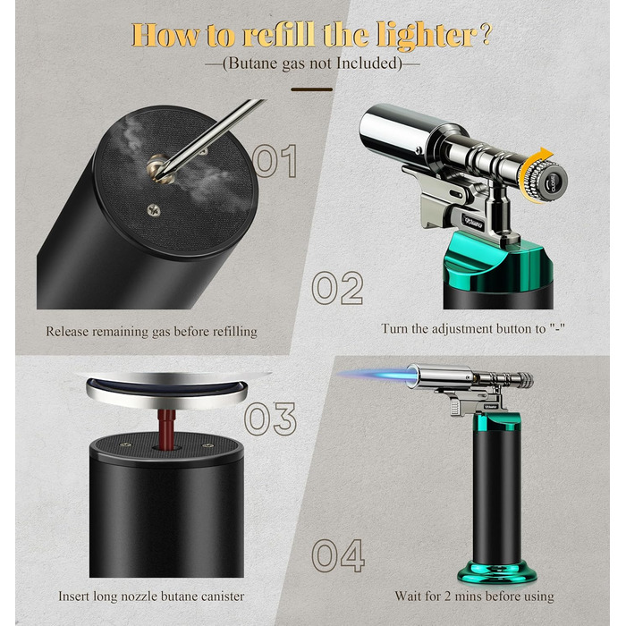 Газовий пальник для кухні Küchenbrenner: потужний Jet-полум'я, заправний бутаном, для крем-брюле, паяння (без бутану), чорний Wb009