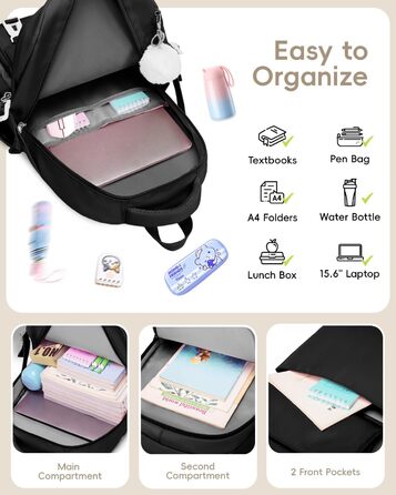 Шкільний рюкзак Tanou для підлітків, чорний, з пеналом та сумкою через плече, відділення для ноутбука 15,6 дюймів