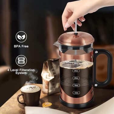 YMMIND 963.9 g French Press Coffee Maker Copper Stainless Steel Coffee Press, with 4-Stage Filtration System, Heat-Resistant Thick Borosilicate Glass, BPA-Free Brewed Coffee Pot for Camping Gifts