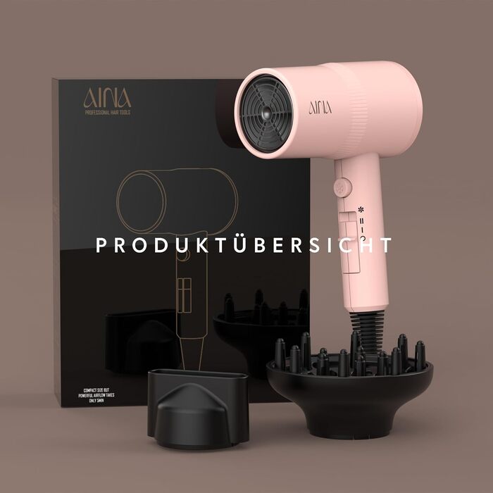 Фен AINA з дифузором для волосся | Іон-технологія, керамічне покриття, холодний струмінь | Швидке сушіння та блиск | 230v~, Baby Rosa