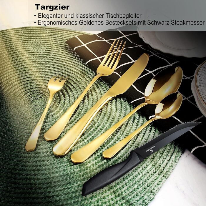 Набір столових приборів на 6 осіб, Targzier, 36 предметів, нержавіюча сталь, з ножем для стейку, високоякісний столовий прибор, ложки, виделки, ножі для сім'ї/вечірки/готелю, чорний, придатний для миття в посудомийній машині, 36 предметів, золотий прибор 
