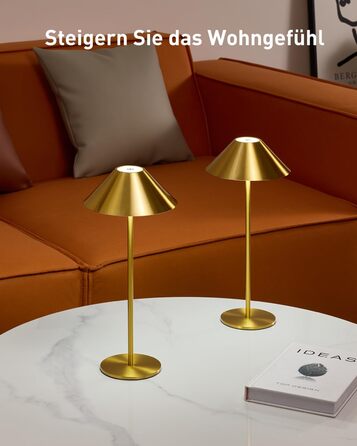 BOJIM 2 шт. LED настільна лампа на акумуляторі, золота, USB, сенсорне регулювання, IP54, водонепроникна, для балкона, поворотний наголовник