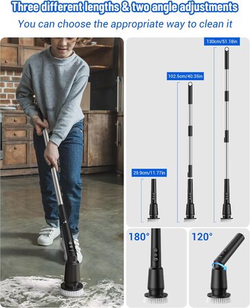 Electric Cleaning Brush, 12-in-1 Electric Spin Scrubber Cordless with 8 Replaceable Brush Heads, Electric Scrub Brush with Adjustable Handle for Bathroom, Kitchen, Tiles, Floors, Car (White) (8 in 1, Black)