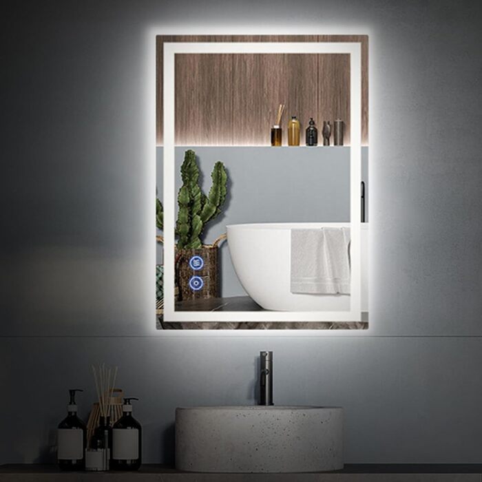 Дзеркало для ванної кімнати з підсвічуванням 50x70 см, сенсорне керування, протитуманне покриття, 3 кольори світла, регулювання яскравості, пам'ять налаштувань, матове, прямокутне