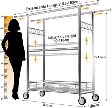Вішалка для одягу Bomclap з міцним навантаженням, хромована, з колесами, висувна, 3 перекладини, 8 гачків, металева полиця, до 160 кг