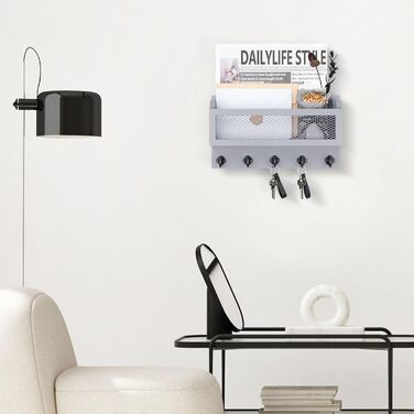 Wall decor brief and key holder, 27.9 cm (11 inch) wood wall key organizer with 5 key hooks, wall mount, storage shelf for entryway, hallway (white) (grey)