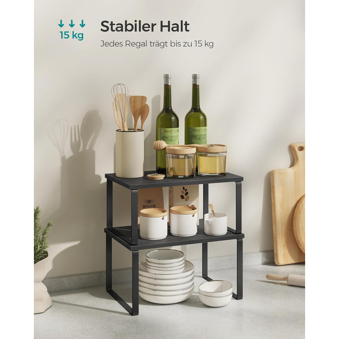 SONGMICS Spice Rack, 4-Piece Set, Kitchen Shelf, Kitchen Organizer, Expandable, Spice Holder, Stackable, with Metal Frame, 19.5 x 29.7 x 15.8 cm, Ink Black + Natural Beige KCS10NB (Ink Black + Ebony Black, 29.7B cm)