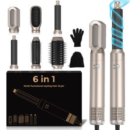 Професійний стайлер для волосся 6-в-1 з автоматичним завиванням, фен, круглі щітки, термощітка, випрямляч, мультистайлер Airbrush, подарунковий набір (Золотий)