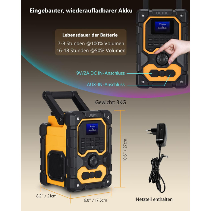 Радіо для будівельного майданчика DAB+ FM з Bluetooth 5.0, 16W стерео, акумулятор 8000mAh (18h), USB зарядка, Aux, вологозахист, пилозахист (жовто-чорне)