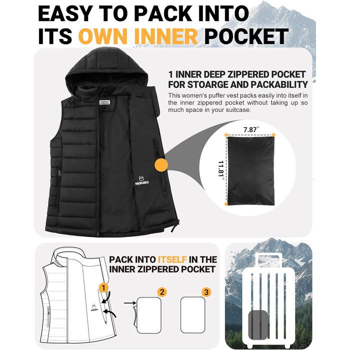 Стьобана жилетка Outdoor Ventures з капюшоном для жінок: тепла спортивна жилетка для походів, кемпінгу та їзди на велосипеді, чорна, XXL
