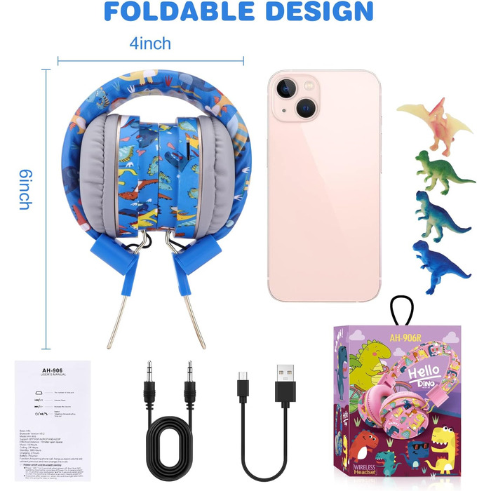 Дитячі навушники JYPS, бездротові, Over-Ear з мікрофоном для школи та планшета (3-10 років), блакитні