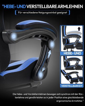 Геймерське крісло Nexthra Ergonomisch з підставкою для ніг, до 180 кг, блакитне. Регульована спинка 150°, для геймінгу та офісу