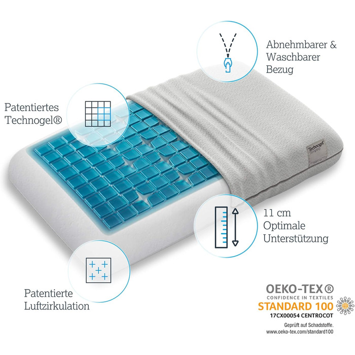 Ортопедична подушка для шиї Technogel Deluxe, гелевий наповнювач, сертифікована, безпечна, для спини і боку, з наволочкою, 66x40x11 см