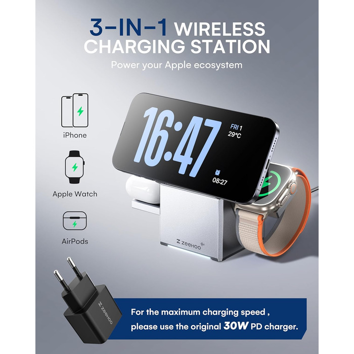 ZEEHOO 3-в-1 зарядний станція для Apple MagSafe: зарядка для iPhone, Apple Watch та AirPods (30W USB-C), сірий