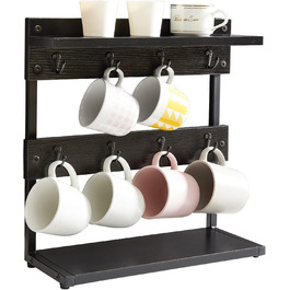 Vintage Mug Holder with 8 Hooks, Coffee Cup Holder for Kitchen Countertop, Cup Rack with Storage Base, for Kitchen Dining Room Cafe 40 x 15 x 40 cm, TBJ002H (with Shelf, Black)