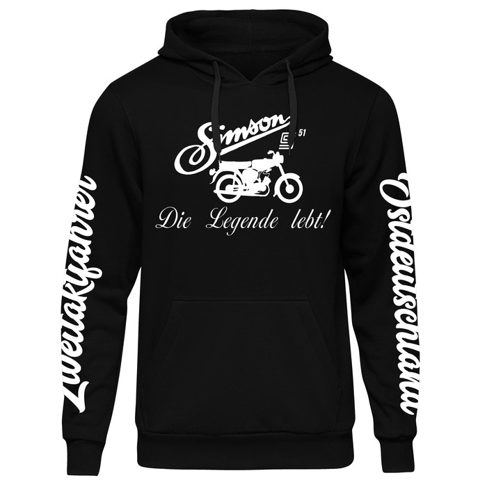 Чоловічий худі UGLYSHIRT Simson Ostdeutschland — чорний світшот з капюшоном для любителів двотактних мотоциклів S50, S51 та Trabant