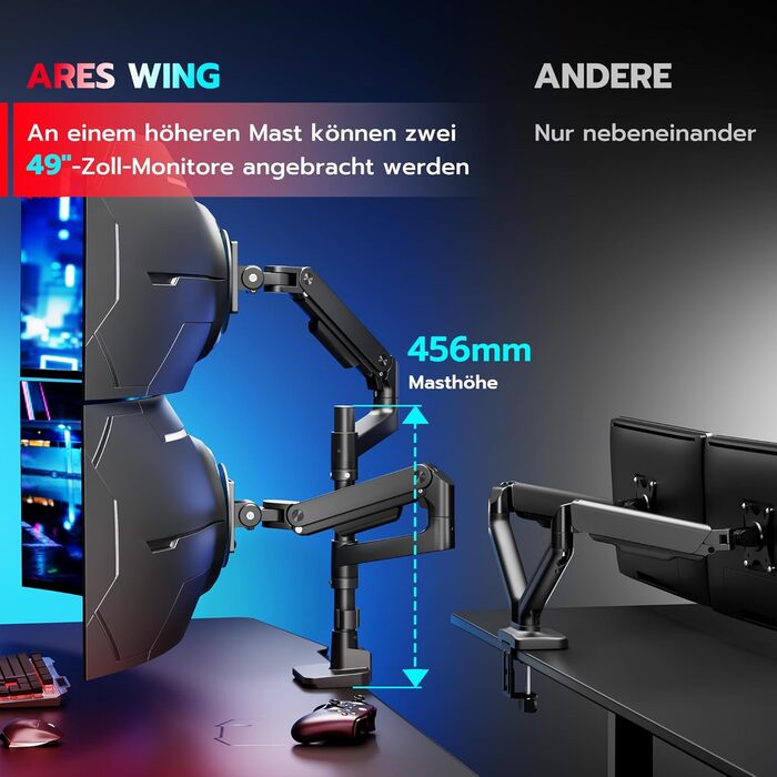 Кронштейн для двох моніторів ARES WING з газліфтом, для екранів 17-49 дюймів, навантаження до 20 кг на руку, VESA 75/100, чорний