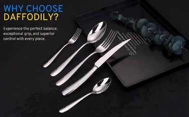 DAFFODILY Cutlery Set. Hammered 18/10 Stainless Steel Dinnerware. Mirror Finish, ultra-sharp steak knives, dishwasher safe. (Silver, 20)
