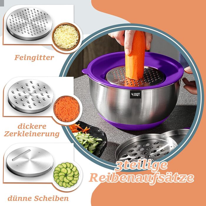 Mixing Bowl Set of 6, Stainless Steel Bowls Salad Bowls with Airtight Lid & Silicone Bottom, 3 Grater Attachments, 6.6 L/3.8 L/2.4 L/1.9 L/1.4 L/0.6 L - Colorful