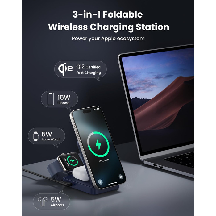 3-в-1 Бездротовий зарядний пристрій з MagSafe, Qi2, для iPhone 16/15/14/13/12, Apple Watch, AirPods, білий (блакитний)