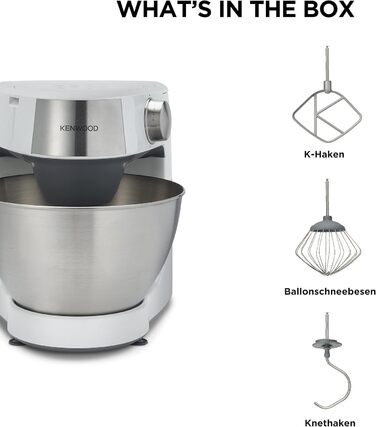 Кухонна машина Kenwood Prospero+ KHC29.A0SI, 1000 Вт, чаша зі сталі 4,3 л, з вінчиком, К-міксером, гаком для тіста та захисним екраном, біла