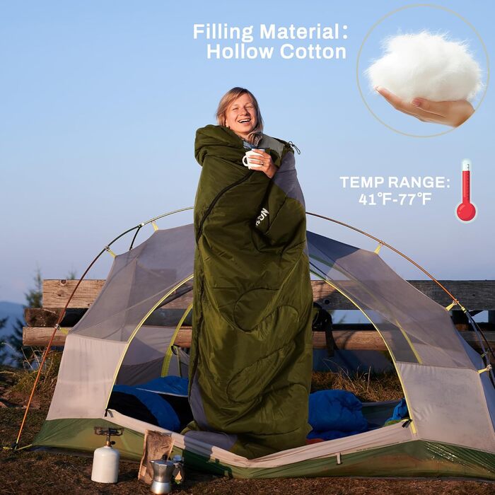 Спальний мішок Elevon для дорослих, підлітків та дітей, 3-4 сезони, водонепроникний, компактний, для кемпінгу та подорожей, зелений