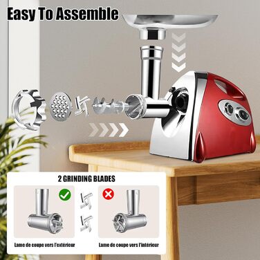 Electric Meat Grinder 2800W 3-in-1 Stainless Steel Meat Grinder with 3 Plates (3mm, 5mm, 7mm) Kubbe Attachment & Sausage Stuffer - 80kg/hr