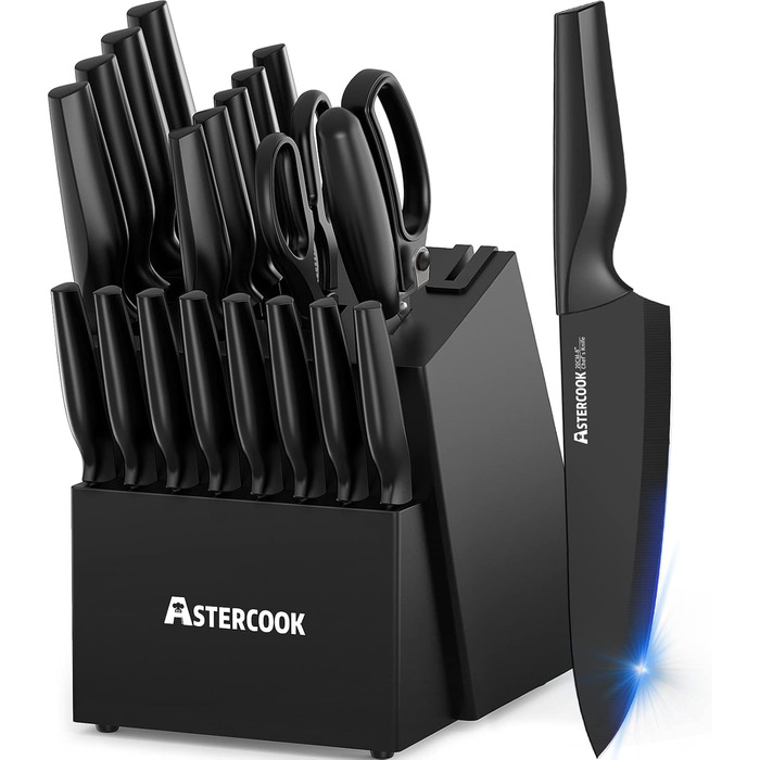 Astercook 21-Piece Kitchen Knife Set with Block - German Stainless Steel, Built-in Sharpener, Dishwasher Safe