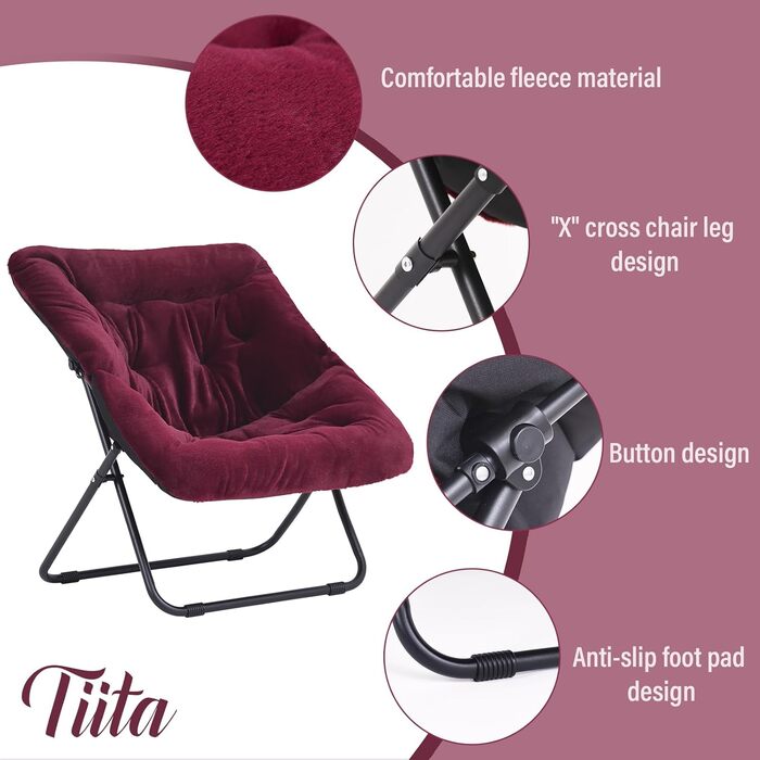 Крісло Tiita Moon Chair без пуфа, м'яке штучне хутро, металевий каркас, бордовий – розкладне крісло для спальні, вітальні, гуртожитку, саду
