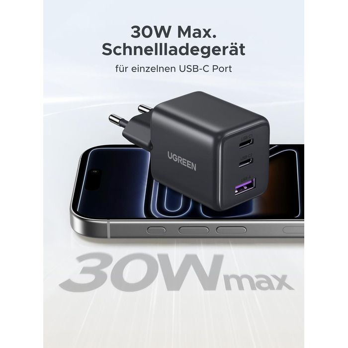 Зарядний пристрій UGREEN 30W USB-C з 3 портами GaN II для iPhone, iPad, Galaxy, Pixel - Швидка зарядка PD