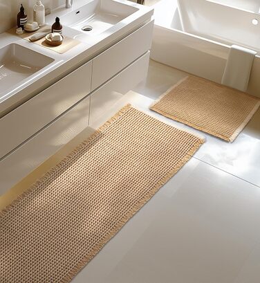 Boho Bathroom Rug Set - Non-Slip Bath Mats (2-Piece) - Washable Shower Rugs for Bathroom, Bedroom, Living Room - 51x120cm + 41x61cm (Brown & White)