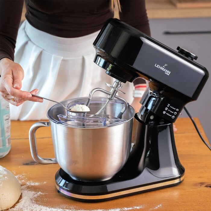 Кухонна машина Lehmann з дисплеєм, 12 швидкостей, функція ферментації з підігрівом, вбудована вага, таймер, міксер з 3 насадками та 5л чашею