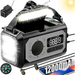 Радіоприймач Kurbelradio на 12000mAh з ручним зарядом, сонячною панеллю, AM/FM, зарядкою для телефону, SOS, ліхтарик, компас, LED-лампа (сірий)
