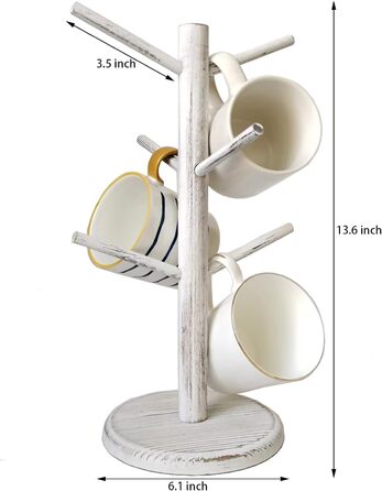 Dorho Cup Holder, Tree, Coffee Cup Holder with 6 Hooks, Wooden Cup Holder for Countertop, Coffee Bar Accessories and Organizer Station, White (Rustic White)