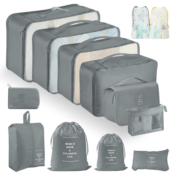 Набір органайзерів для валізи 13 шт., Packing Cubes, водонепроникні органайзери для подорожей та відпустки, дорожній органайзер з прозорими сумками (Сірий)