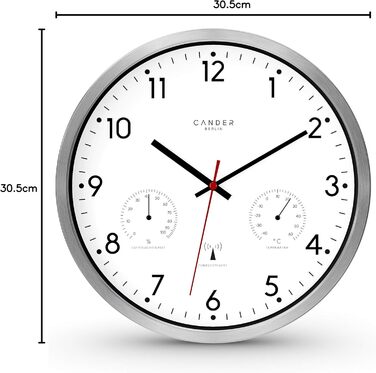 Cander Berlin MNU 3330 White Wireless Wall Clock with Temperature and Humidity Display, 12 inches (Ø) 30.5 cm