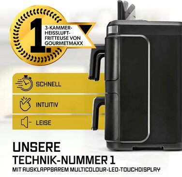 Фритюрниця електрична Gourmetmaxx FryUp3 з 3 камерами 17л, Airfryer з сенсорним дисплеєм, 12 програм, вікном огляду – для 12 осіб