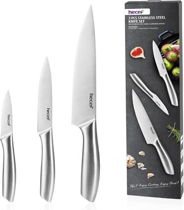 Набір кухонних ножів Hecef (3 шт) з нержавіючої сталі, сріблястого кольору, з порожнистим руків'ям, з захисними піхвами