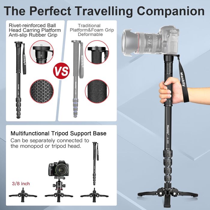 Штатив для камери Manbily A-222 з висувними ніжками з алюмінію, 5 секцій, до 170 см, 7 кг, для DSLR Canon/Sony/телефону (сірий/чорний)